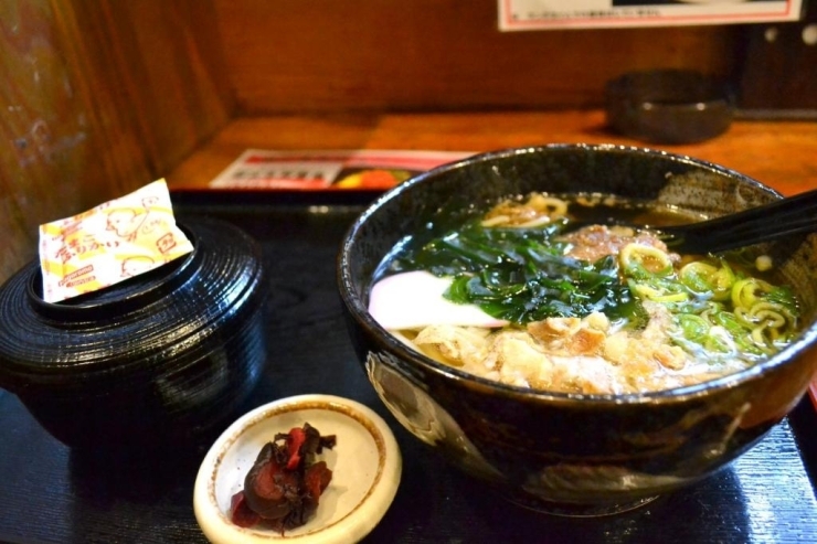 肉かすうどんと、1杯無料でついてくる白ご飯（ふりかけ付き）