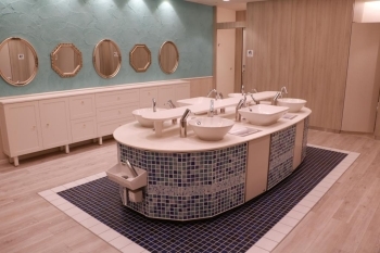 女性だけの特別なスイートバスルームにある広々とした手洗い場。
