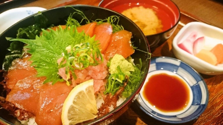 鮪づけ丼　１８６０円（税別）　天然マグロ（キハダ）・小付・お新香・茶碗蒸し付き