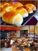 上　当店の人気No. 1の塩パン
下　焼立てパンが随時ならびます！「パン工房またど～る」