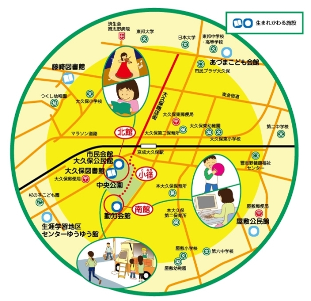 集約後のイメージ図です。市民会館や図書館、勤労会館がそれぞれ北館や南館として生まれ変わります！