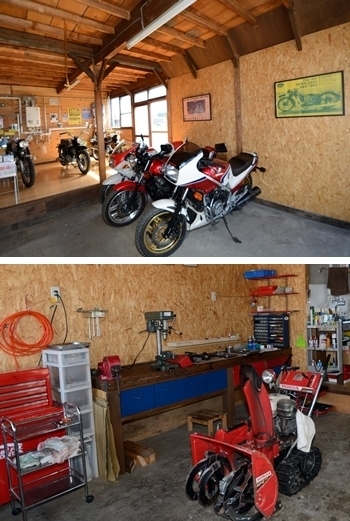 一階。バイクの展示や修理スペースがあります。「二輪工房鈴木オート」