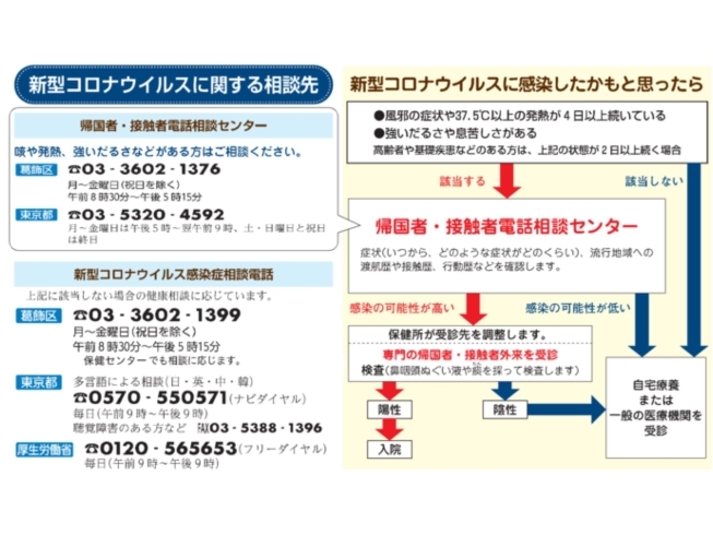 症状が気になる方は「5月11日発表　130人（累計）葛飾区内の新型コロナウイルス感染者発生状況［更新日 令和2年5月11日］（区のホームページより）」