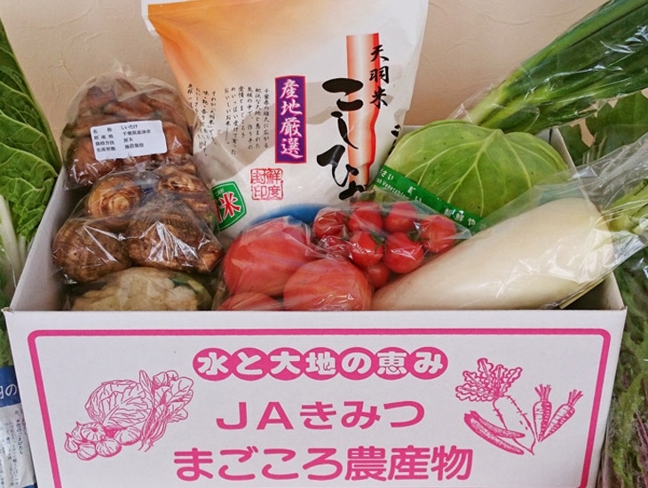 こちらは、７万円以上の寄附でもらえる「【定期便6ヶ月】野菜詰め合わせ＆天羽米コシヒカリ５kg」。地元のお米「天羽米」５kg入りです。※内容は季節によって変わります