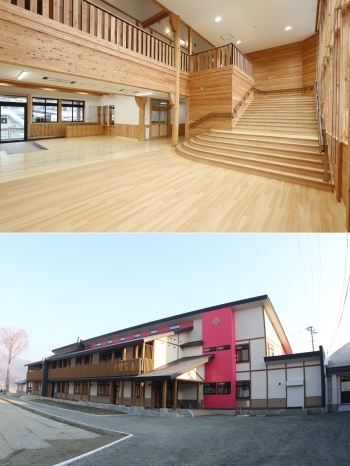 葛巻町立江刈小学校。
開放的な校舎で学べる構造です。「大伸工業株式会社」