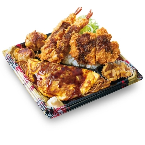 オム焼きそばと海老・チキンカツのソースカツ弁当「テイクアウト専用「全力飯弁当」が期間限定で登場！」