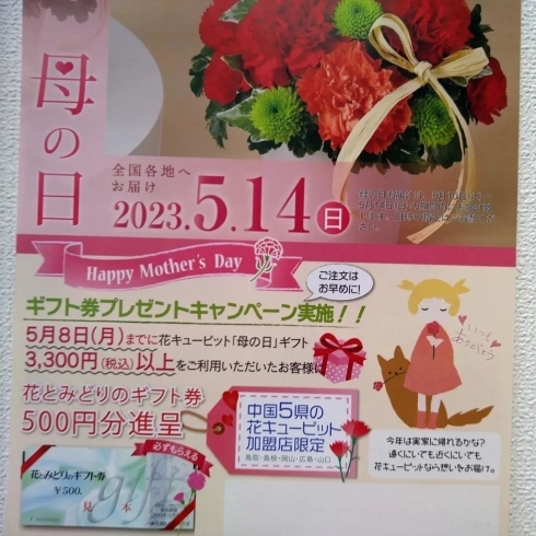 「「母の日」ギフト3300円(税込)以上をご利用いただいたお客様に”花とみどりのギフト券 500円分”をプレゼント」