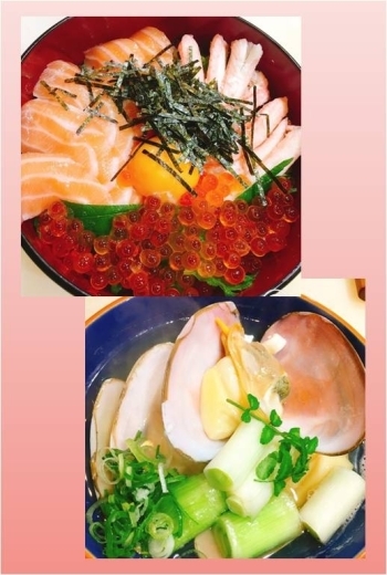 北海丼（サーモン・いくら・かに身の三つ巴）／白貝酒蒸し「ぴりからや ゆりちゃん」