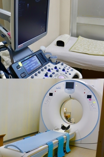 （上）エコー検査（頸部、心臓、腹部）
（下）全身CT「医療法人 野田好生医院」