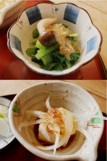 小松菜のお浸し+ごまだれ<br>木綿豆腐+玉ねぎスライス<br>