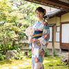 高級浴衣 単品｜水色×白の市松模様にレトロな椿柄｜綿100% フリーサイズ