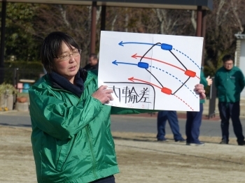 交通安全教育講師　村澤氏　<br>※パネルで内輪差について説明をしているところです。