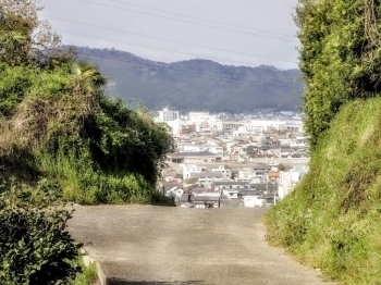 下りの坂道から見える町並み。