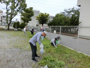 鎌など色々な道具を使って除草