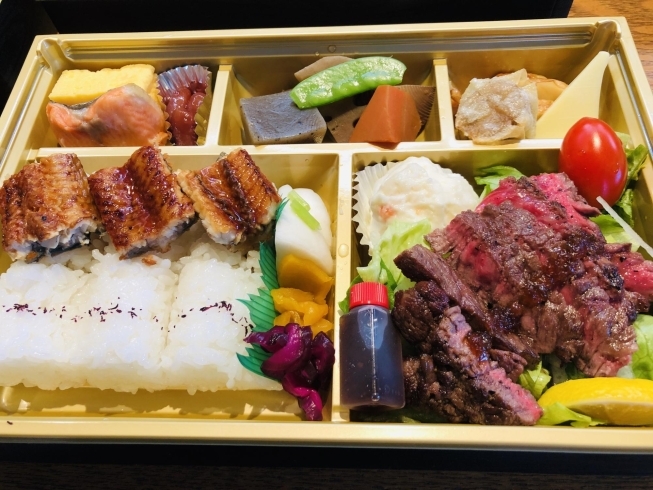 一番人気。和牛ステーキとうなぎの極上お弁当です。「《船橋お弁当》本格和食・黒毛和牛のお弁当をご自宅に配達」