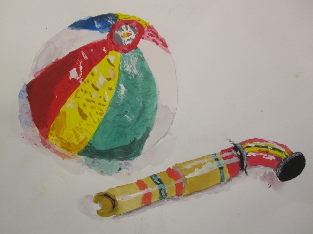 「子供絵画教室　小学生の水彩画「紙風船と空気鉄砲」」