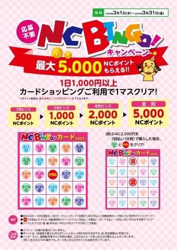 NCBINGO2023「3/1～ビンゴクリアで最大5000NCポイントもらえる！！」