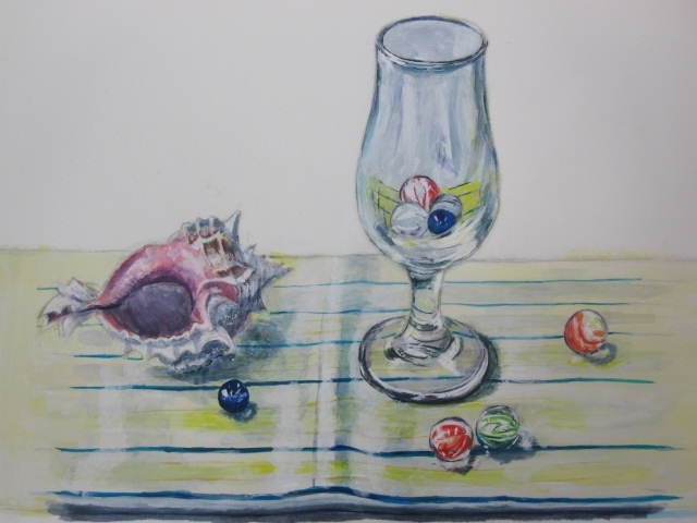 「絵画教室　一般科生徒作品　「ビー玉と貝のある静物」」