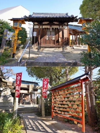 【境内社】<br>上段・稲荷神社（商売の神様）<br>下段・天満宮（学問の神様）