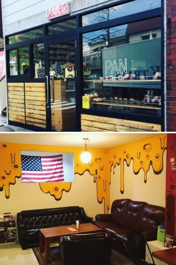 上）店頭、下）実力派アーティストのデザインで個性的な店内「JAMES アメリカンフードショップ カフェ＆バー」