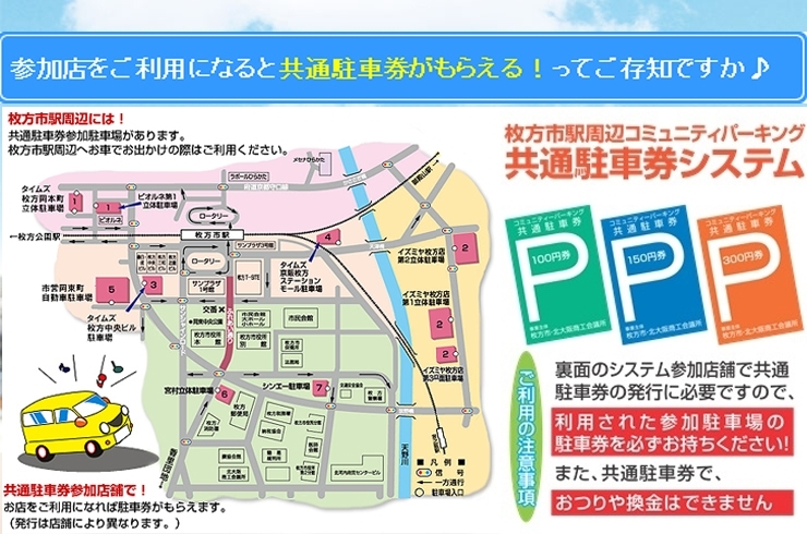 「枚方市駅周辺コミュニティパーキング 共通駐車券システム」駐車マナーを高めよう！　車は必ず駐車場へ！！