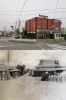 米津羊羹本舗の今昔。米津橋の北側すぐのレンガ調の建物です。「米津羊羹本舗」
