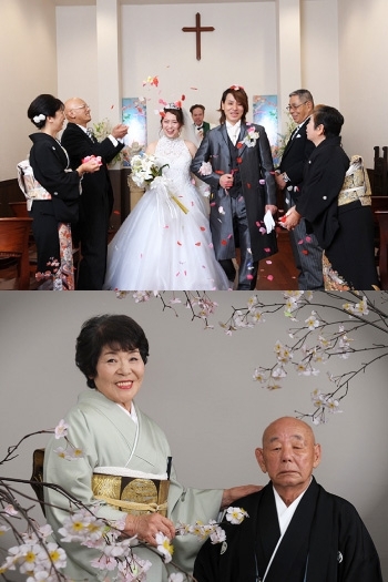 上：ご家族での挙式　下：長寿のお祝い写真「冠婚祝祭の街 写楽館」