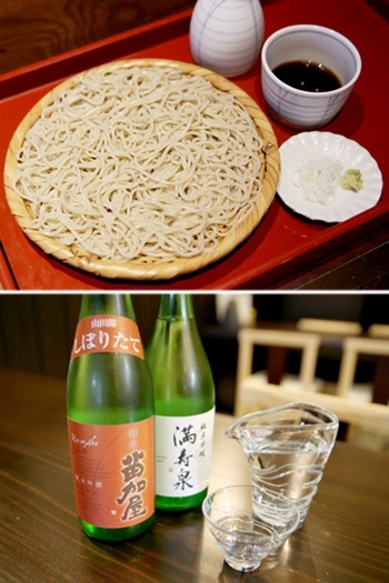 上）蕎麦の香りが楽しめるざるそば
下）満寿泉と苗加屋の日本酒「手打ち蕎麦 むかわ」