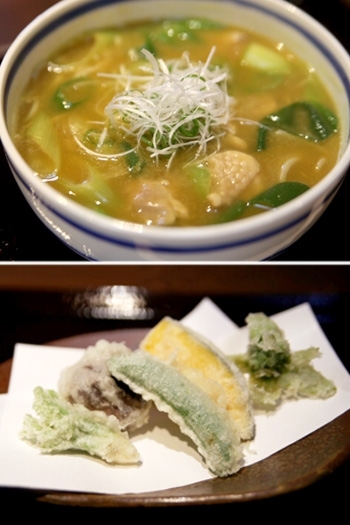 上）3月までの限定鶏カレー南蛮蕎麦
下）季節の野菜天ぷら「手打ち蕎麦 むかわ」