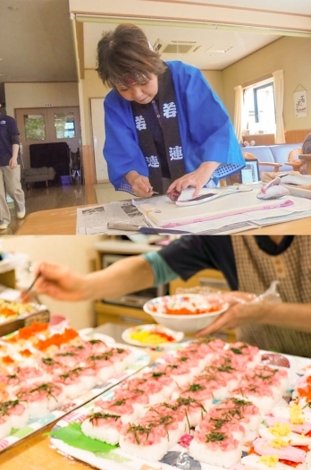 ご利用者様からの声で企画した寿司パーティーの様子。「グループホーム加治川の里」