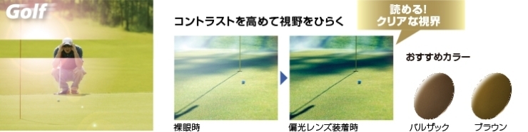 ゴルフにも最適。芝のアンジュレーションが見やすい。「真夏のサングラスは偏光レンズが最適です❣️」