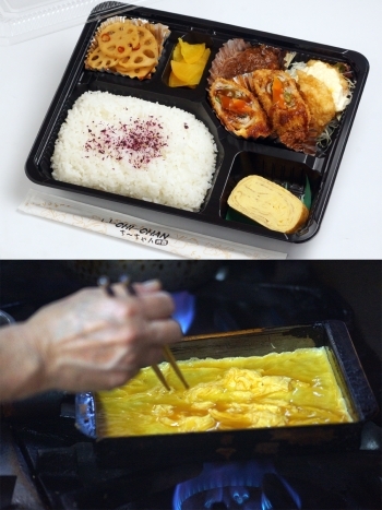 上：デラックス弁当　下：卵焼きも愛情込めて作っています。「LaLa CHI-CHAN弁当（ララチーチャン）」