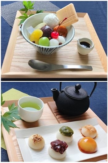 上　クリームあんみつ
下　だんご日本茶セット「にほんかし 雲IZU」