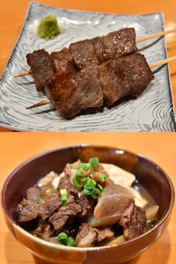 上：前沢牛の串焼き
下：前沢牛の煮込み「居酒屋 みのり」