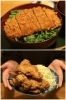 写真上　小松菜のタレかつ丼／写真下　からあげ（5枚）「うなぎ・とんかつ濱亀」