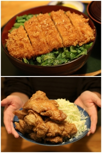 写真上　小松菜のタレかつ丼／写真下　からあげ（5枚）「うなぎ・とんかつ濱亀」