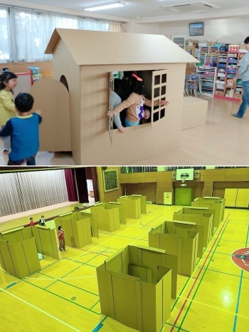 上：好きな色や絵を描ける小さなマイハウス「段ボールハウス」「有限会社坪川製箱所」