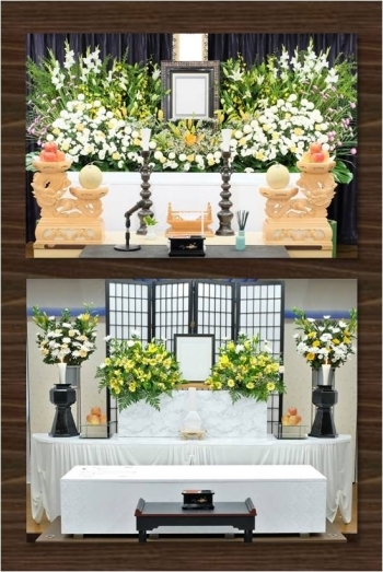 上：花葬儀　／下：一日葬　
造花は使わず生花のみの祭壇です　※1例「有限会社 友好社」