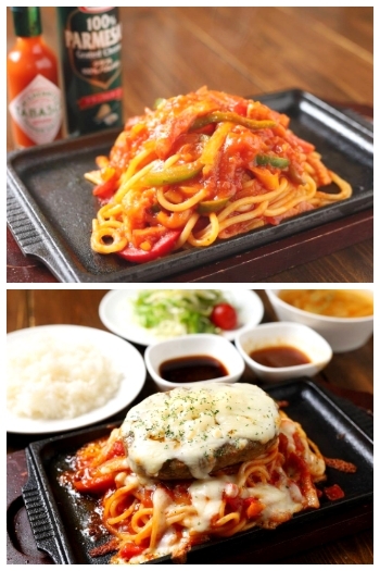 上　人気の鉄板ナポリ
お肉＆パスタを味わう贅沢なハンバーグのせ♪「石倉家」