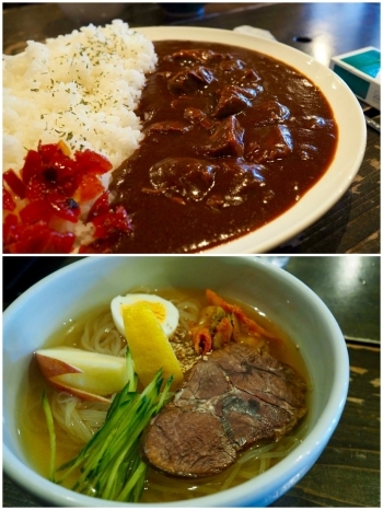 大人気のランチメニュー
（上）焼肉屋のカレー　（下）冷麺「長澤屋」