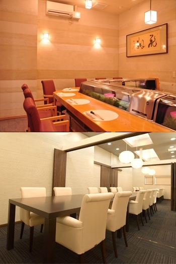 （上）本格寿司が楽しめるカウンター
（下）個室にも対応出来ます「有限会社 日本の味 俵屋」