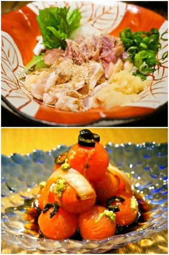 上：新鮮な天城軍鶏のたたき
下：特製トマトサラダ「炭火処 菊乃鶏」