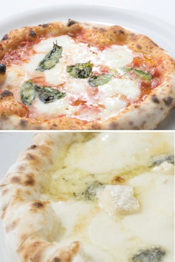 上：水牛マルゲリータ　下：クアトロフォルマッジ～はちみつ添え～「Pizzeria Sciosciammocca（ピッツェリア ショシャンモッカ）」