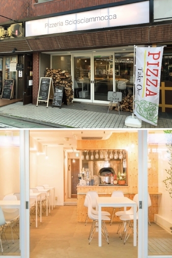 お店は白が基調です。「PIZZA Take out」の旗が目印「Pizzeria Sciosciammocca（ピッツェリア ショシャンモッカ）」