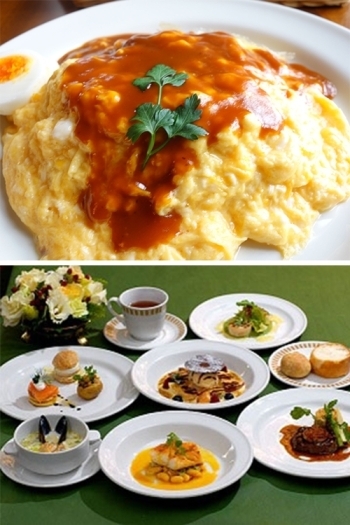 上）セイアグリー健康卵のふわふわオムライス
下）ディナーの一例「フェルヴェール本店」