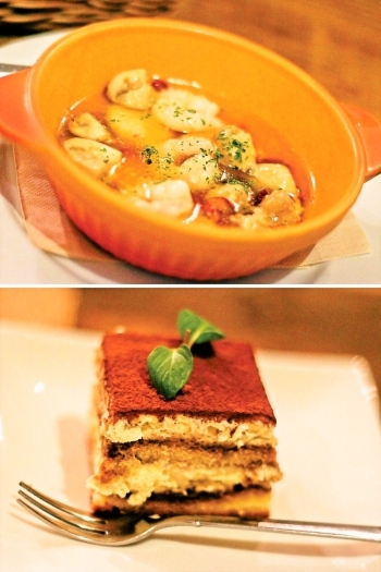 上：小エビとマッシュルームのアヒージョ
下：自家製ティラミス「イタリアン食堂 アルカティ」