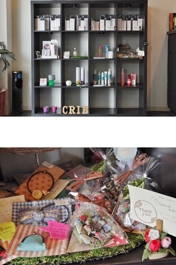 上：髪を美しく保つケア用品を販売
下：手作りアクセサリーを販売「crib（クリブ）」