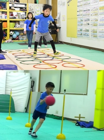 上：基礎トレーニング、下：バスケットボール（ボール運動）「マンモス体育教室」