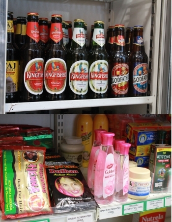 上）インドビール
下）日用品　ヘナ(左から2番目）は人気商品「TMVS FOODS」