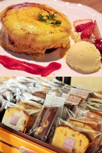 上　特製パンケーキ
下　焼き菓子など贈り物もお任せください！「菓子職人Chez Miura's（シェ・ミウラ）」